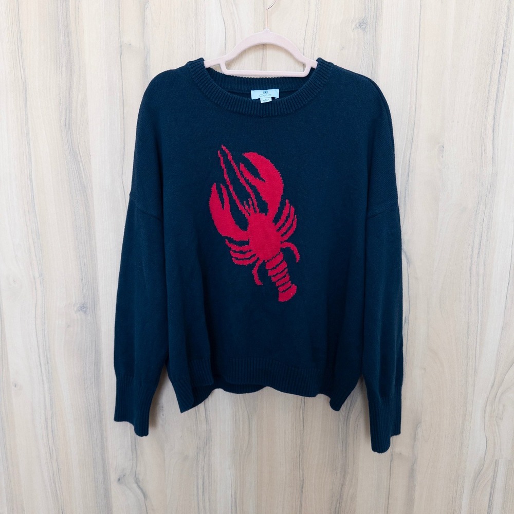 CeCe Womens Lobster Print Sweater L Navy Crew Neck Preppy Nautical New England